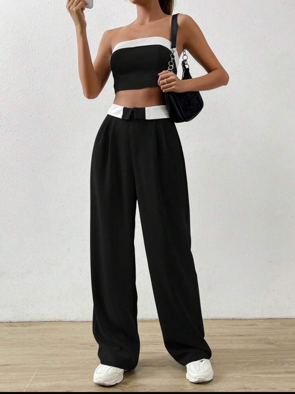 2-piece set: black and white tube + wide leg pants